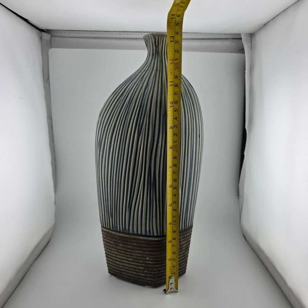 Pier 1 Decorative Vase Ribbed Ceramic Asymmetrical Blue Brown Excellent  Decor